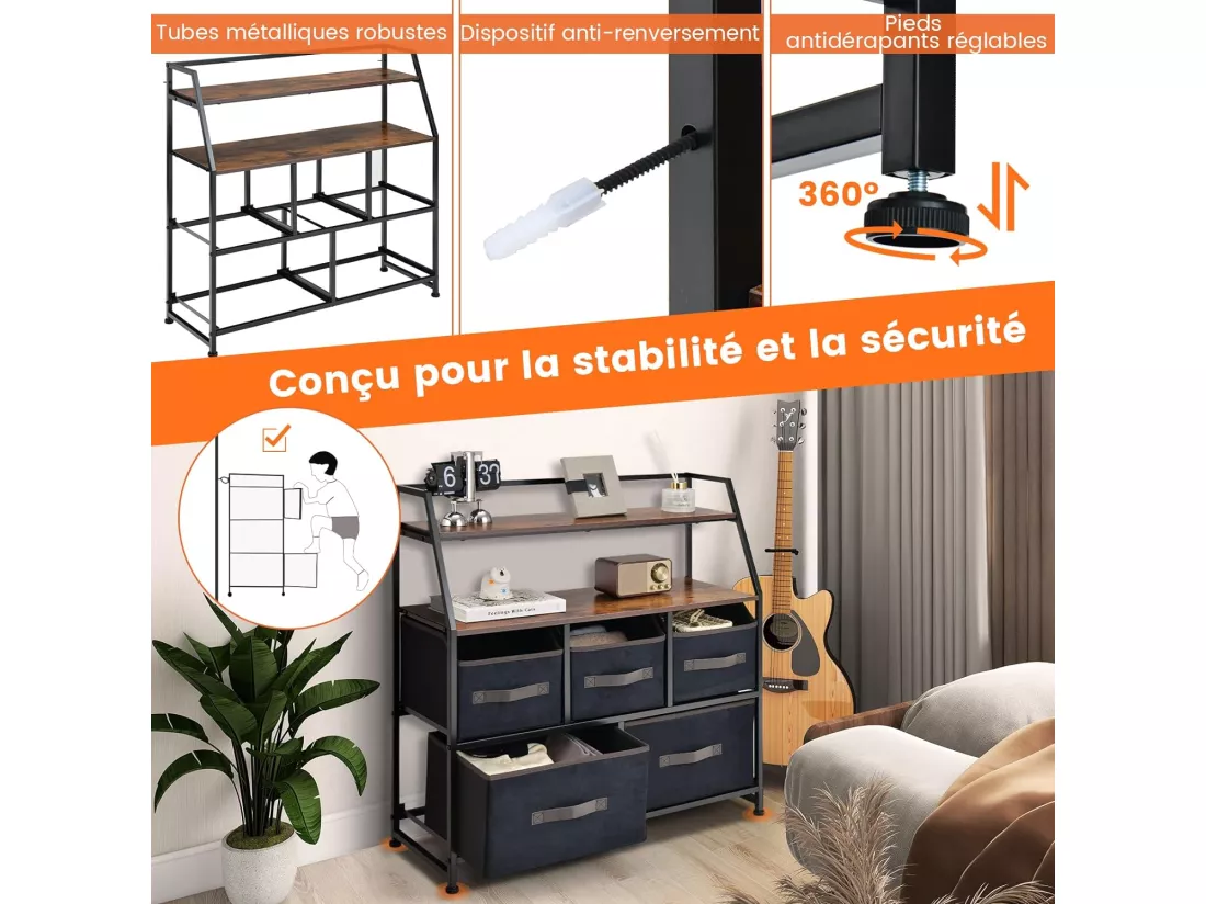 Commode Chambre 5 Tiroirs en Tissu, Meuble de Rangement Industriel avec 2 Étagères, Kit Anti-basculement Inclus, Commode Rangement Adulte Cadre en Métal pour Salon, Entrée, 84x30x85cm