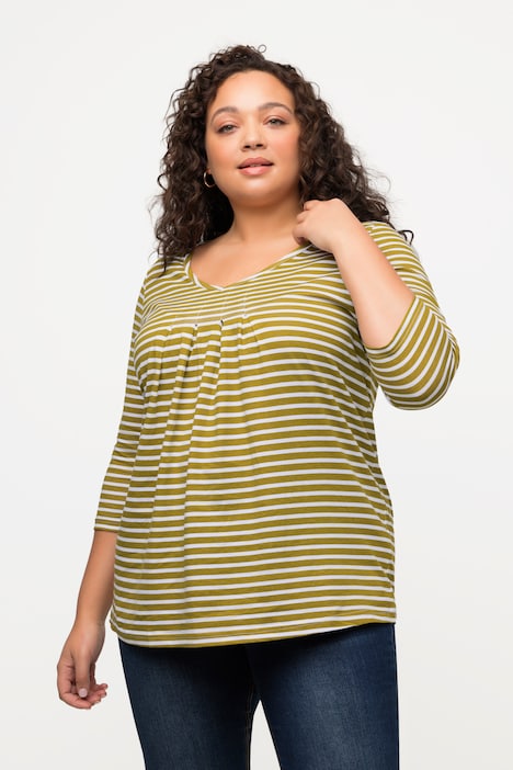 Shirt, Ringel, A-Linie, Zierfalten, V-Ausschnitt, 3/4-Arm