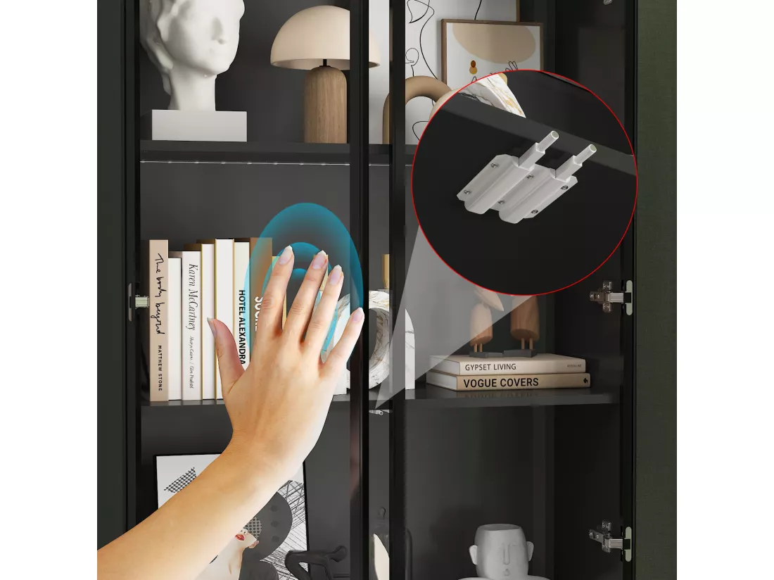 Vitrine LED avec Portes en verre trempé Bibliothèque 6 étagères 2 portes 2 tiroirs Buffet haut Salon Chambre Blanc 80x36x200cm