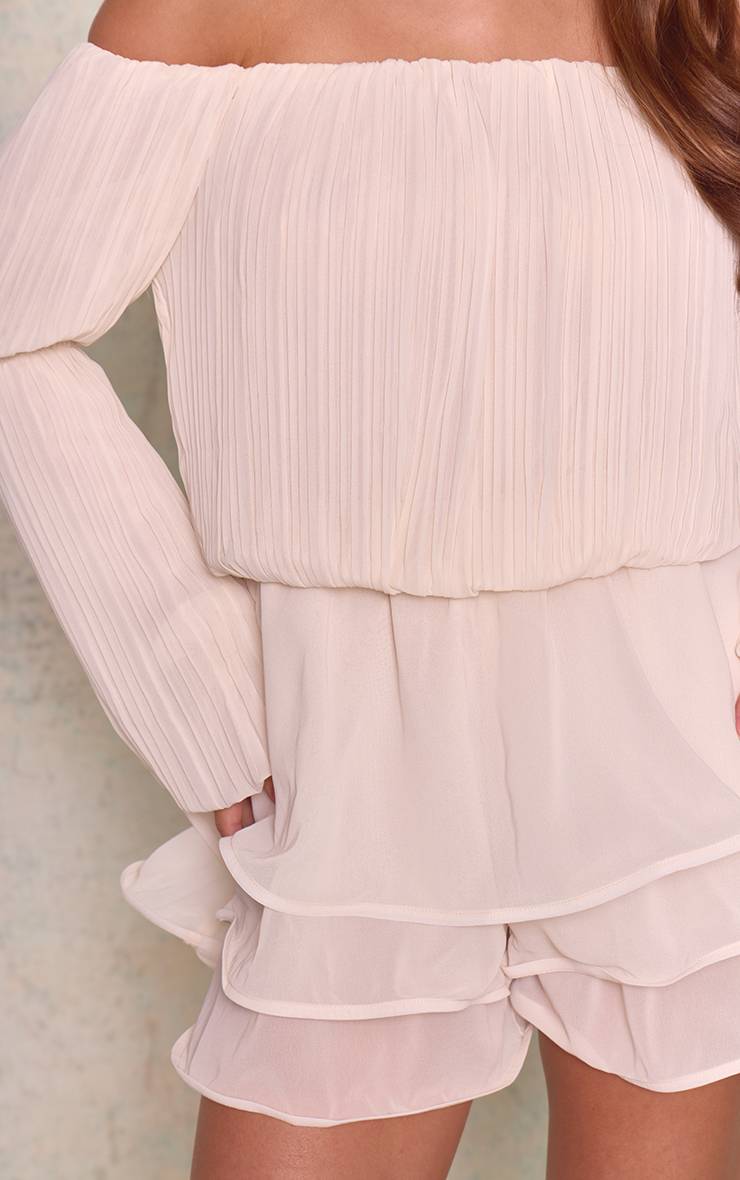 Crème Combinaison-short Bardot Plissée En Mousseline Fluide
