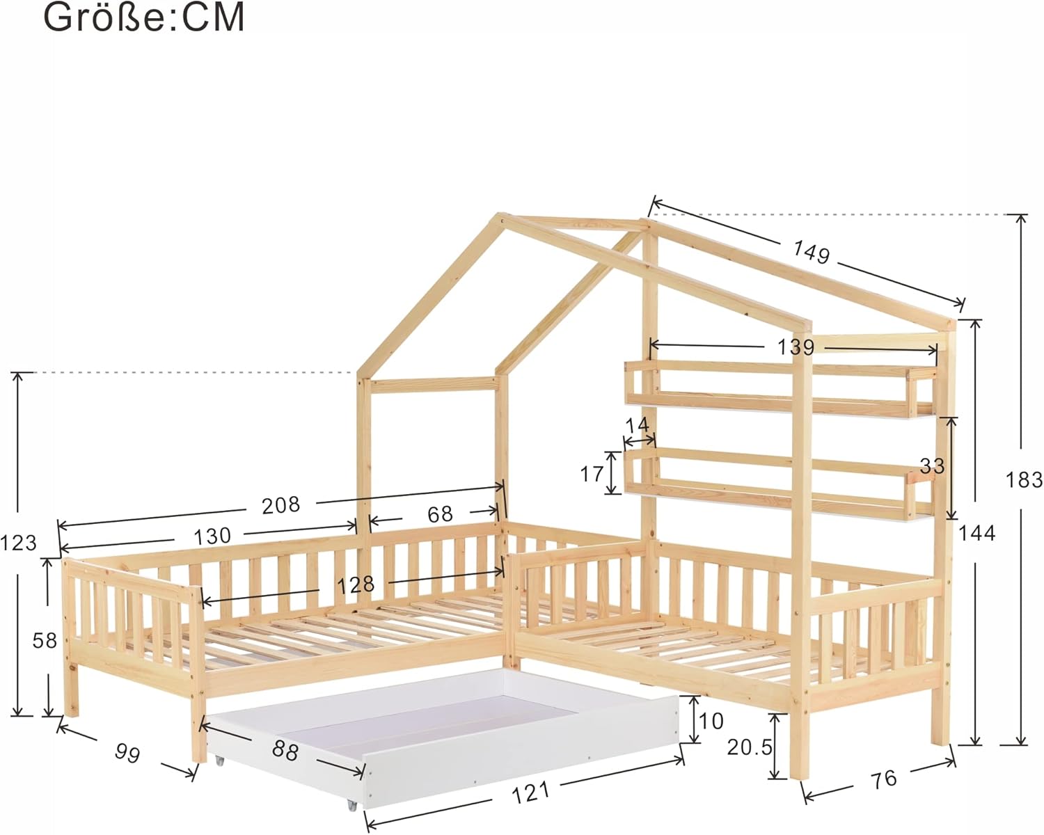 Lexiou Kinderbett Hausbett mit Schubladen und Regalen, Massivholz mit Zaun und Lattenrost, L-Struktur (Natur)
