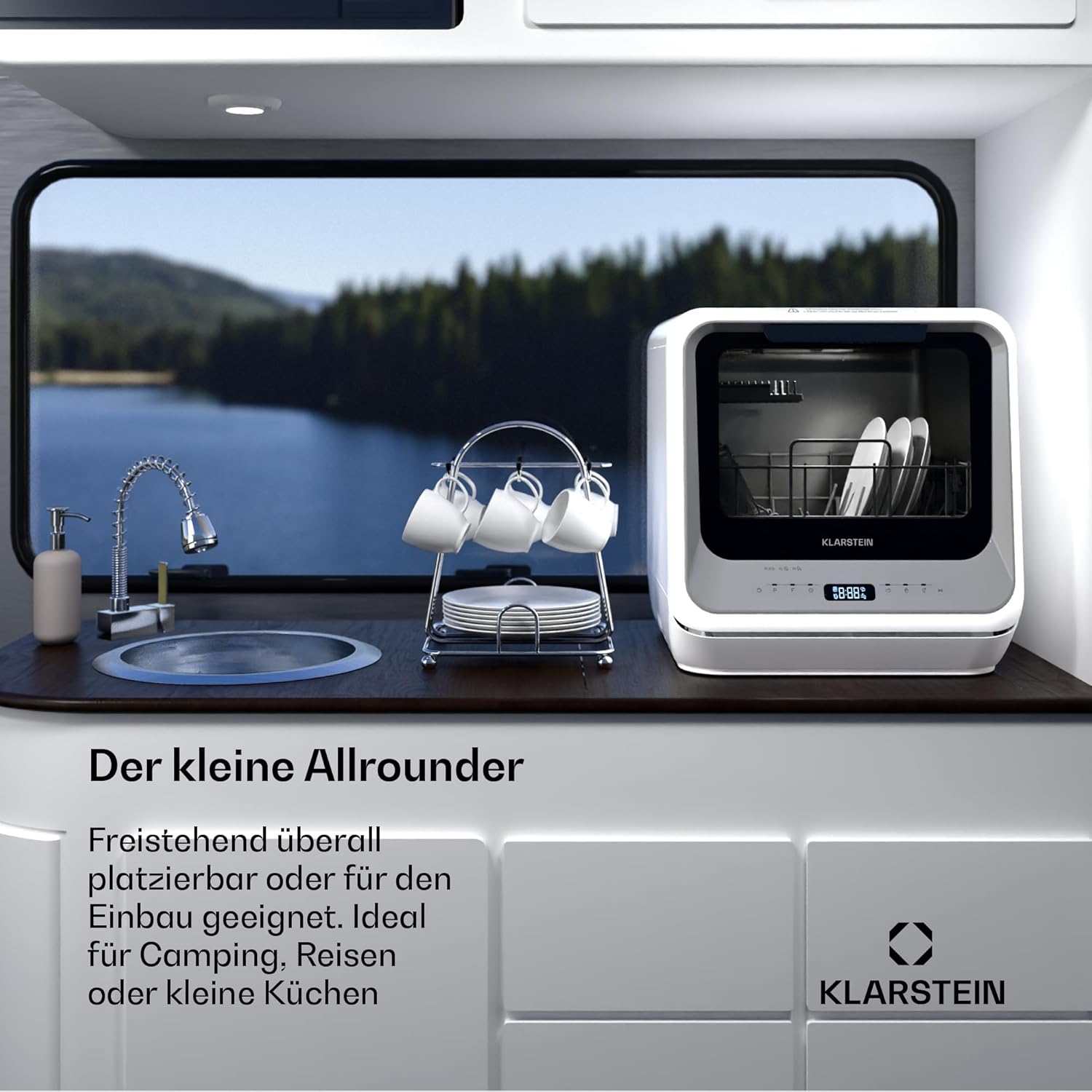 Klarstein Amazonia Mini Geschirrspüler – Kompakte Tischspülmaschine mit Wassertank, 7 Programme, 5L, Digitalanzeige, Leise 58dB, Energieeffizienzklasse D, Tragbar für kleine Küchen & Reisen, Silber
