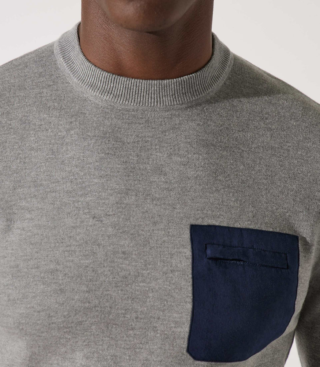 Pull col rond gris chiné avec poche