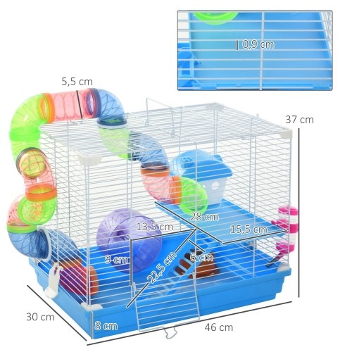 Gaiola de arame metálico azul e branca PawHut para hamsters