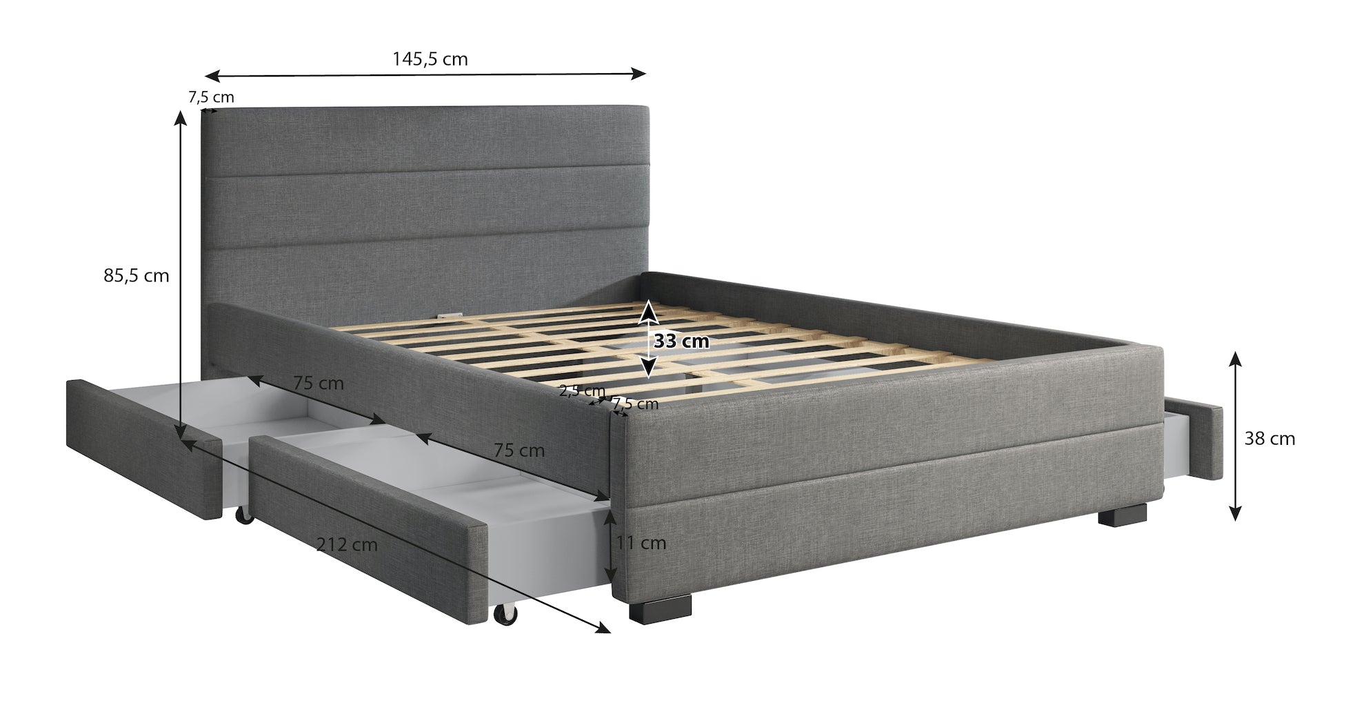 Loox - Tweepersoonsbed met 4 lades - Stof grijs - 140x200 cm