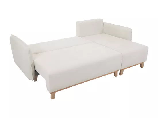 Canapé d'angle convertible et réversible 3-4 places en tissu effet velours beige et bois clair ROMANE