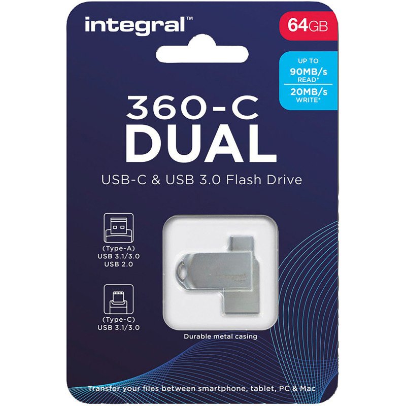 Integral clé USB Dual 360 C 64 Go Usb 3.0 (Usb-A), Usb 3.1 (Usb-C) Gris