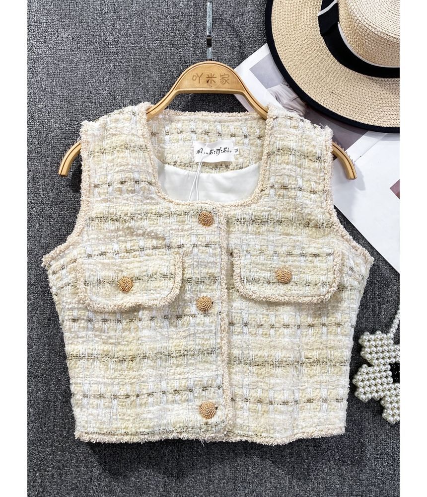 Yearnin - Tweed vest met vierkante hals en kwastjes