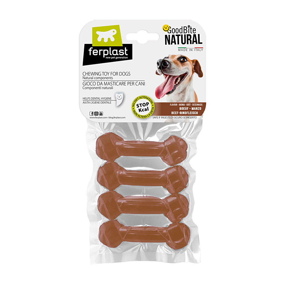 Ferplast goodbite natural xs jouet os pour l'hygiène dentaire, saveur de boeuf, chien petit (3-5 kg), naturel, 4 pièces de 15g