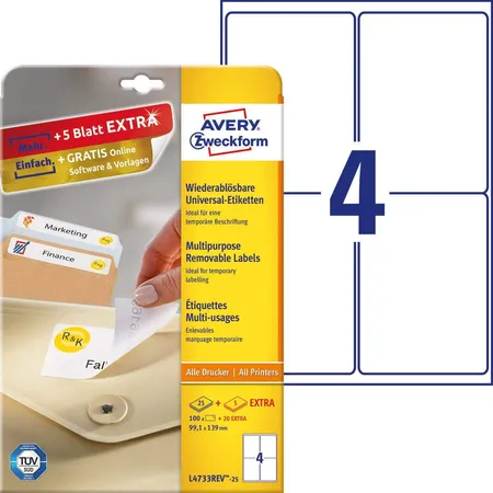 Avery Zweckform L4733REV-25 Universal-Etiketten,A4 99,1 x 139 mm, 30 Bogen/120 Etiketten, weiß
