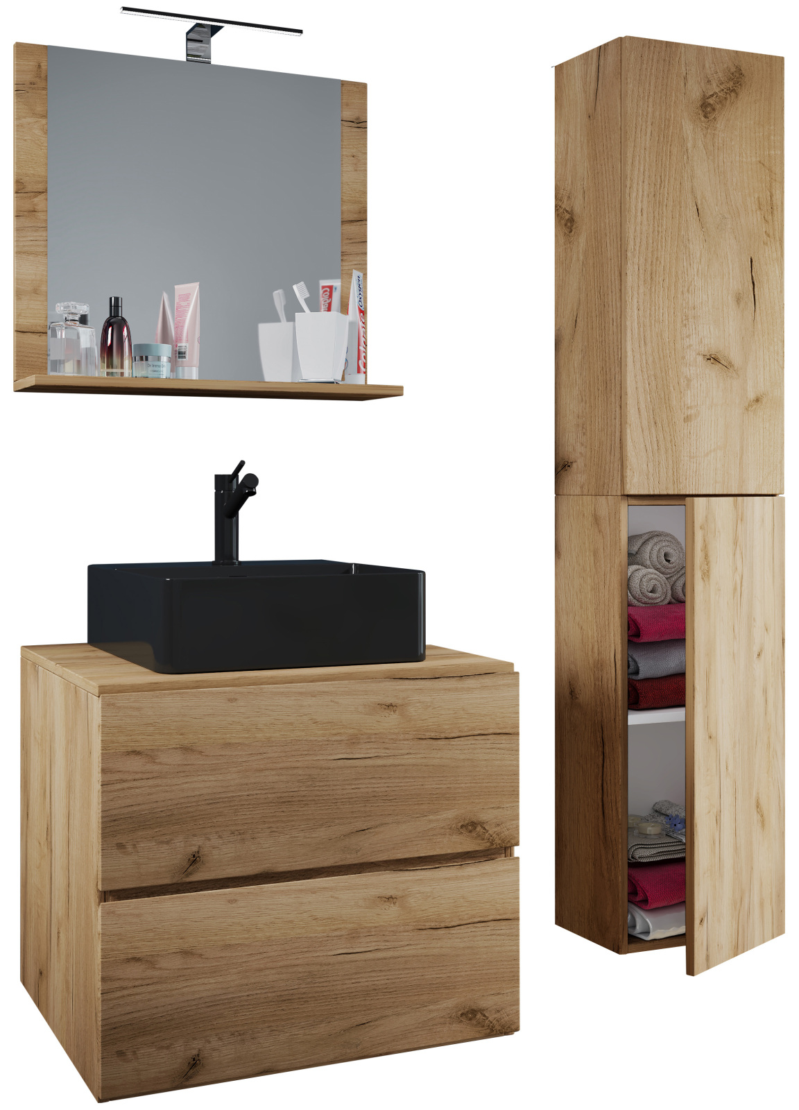 4-teiliges Badmöbel-Set LENDAS BL L - Honig-Eiche - mit Hochschrank - 94 cm