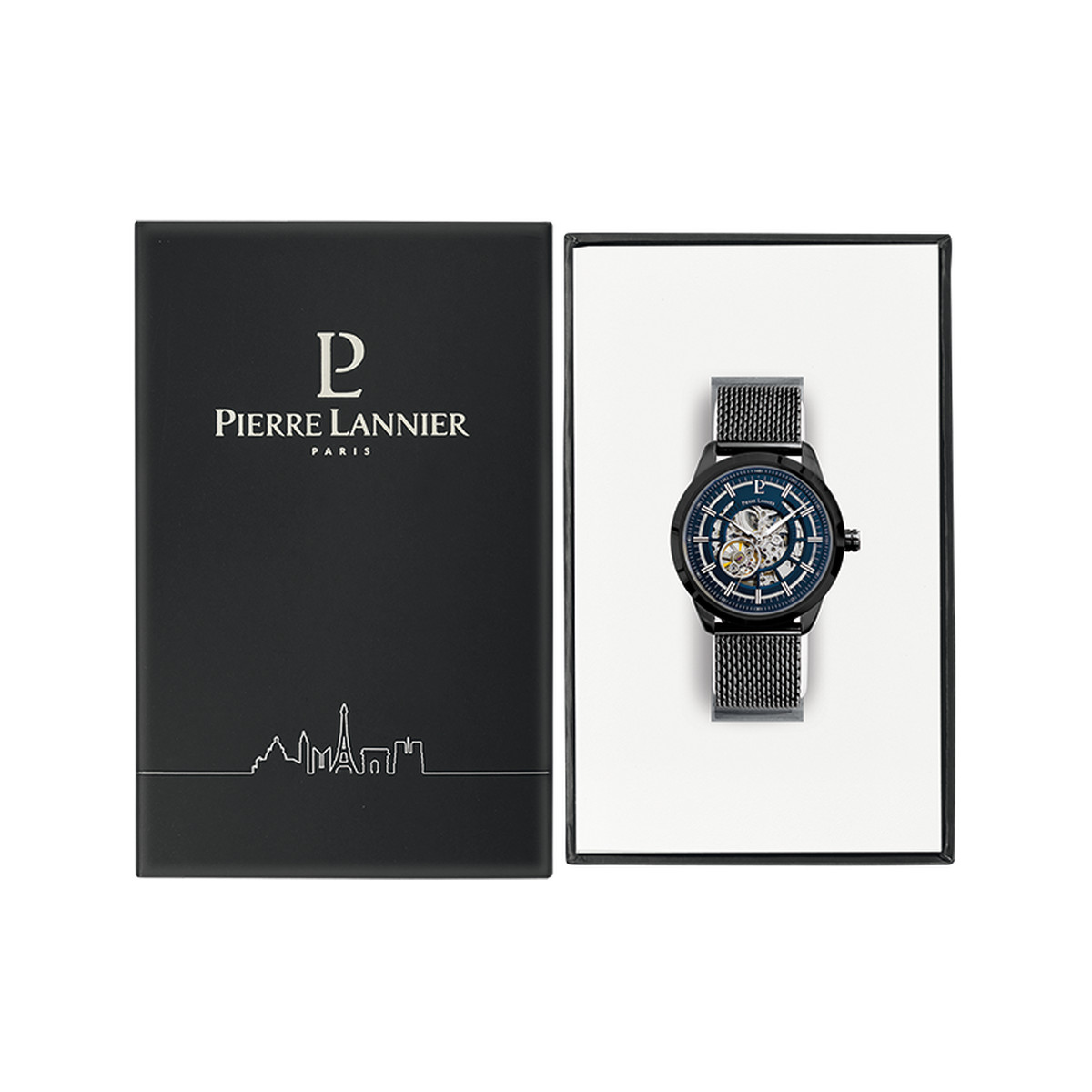 Montre PIERRE LANNIER automatic homme automatique acier bleu bracelet acier noir