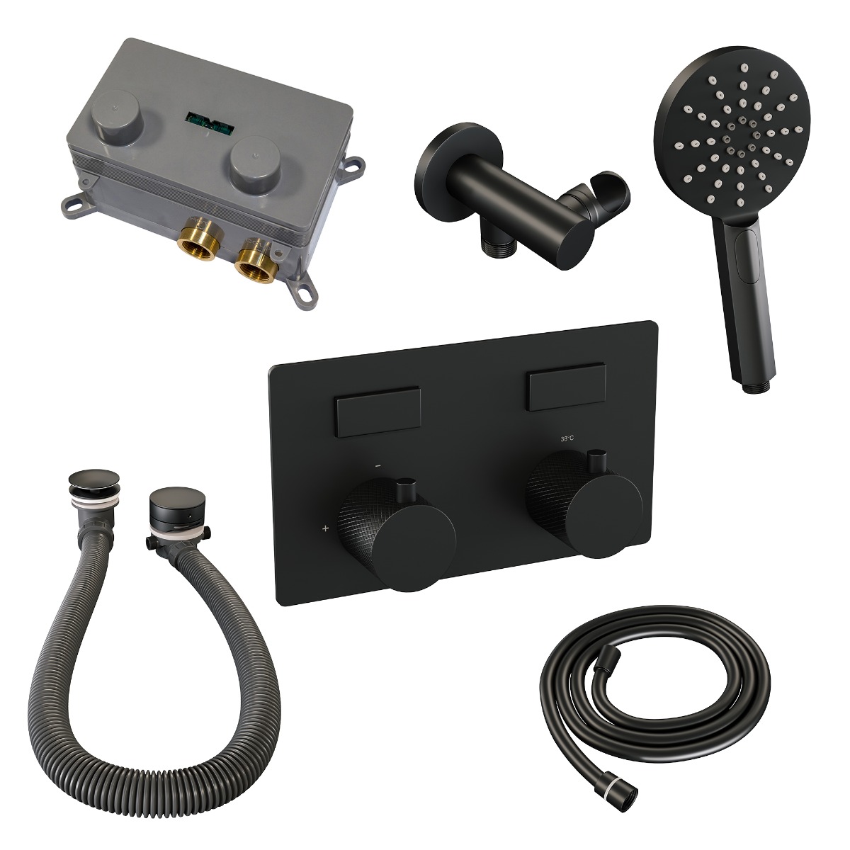 Brauer Black Carving thermostatische inbouw badkraan met badvulcombinatie en 3 standen handdouche set 4 zwart mat