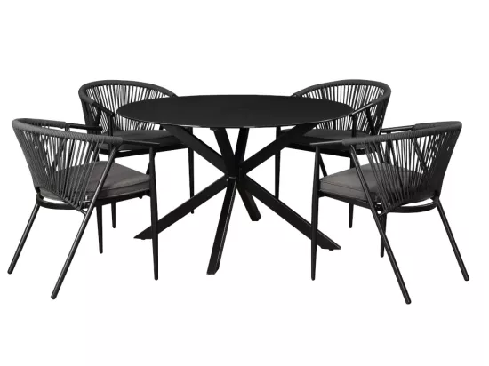 Salle à manger de jardin en aluminium et cordes : une table ronde D.120 cm et 4 fauteuils empilables - Anthracite - PORTOFINO de MYLIA