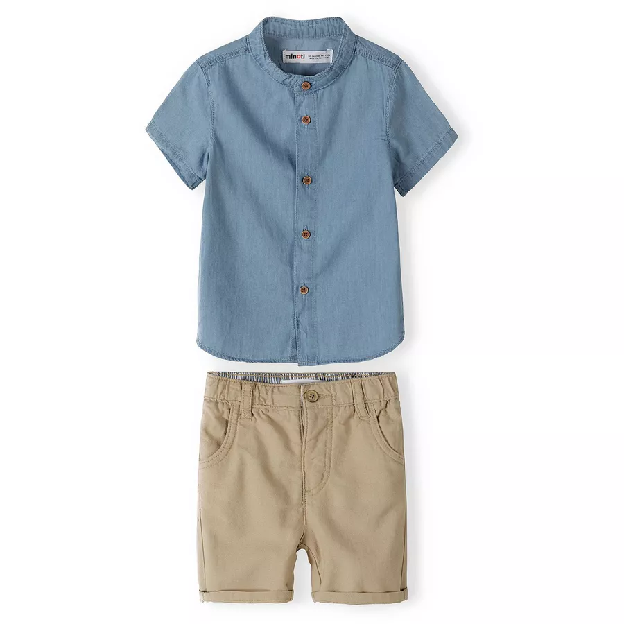 MINOTI Hemd und Shorts im Set Denim-HellblauSandbraun