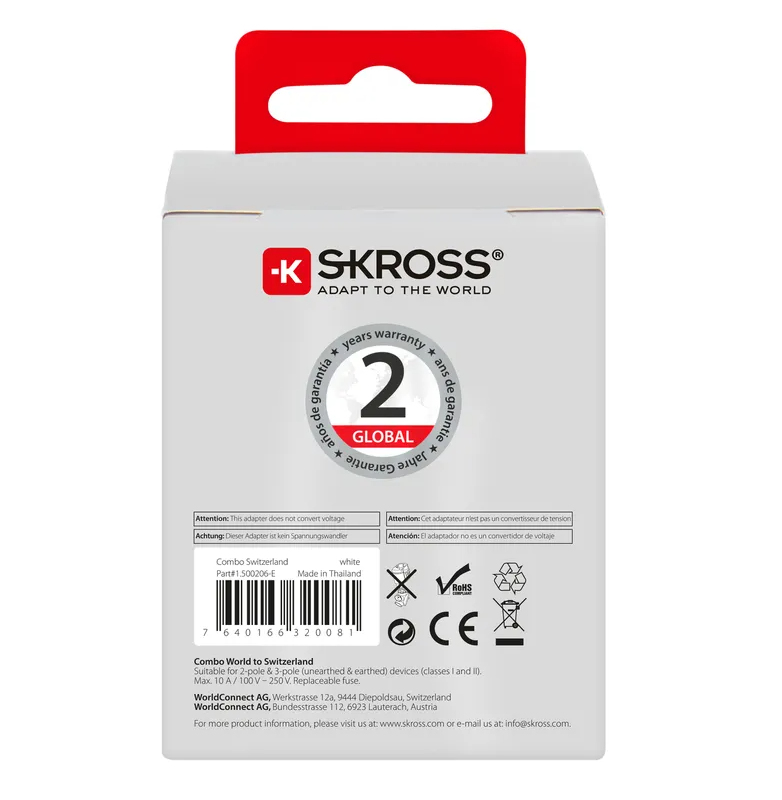 Country Travel Combo Reise Adapter Ladegerät World to Switzerland / World to Europe (1.500206-E) - Weiss