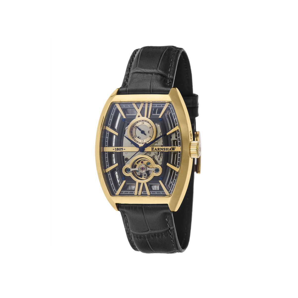 Montre EARNSHAW Holborn homme automatique, acier doré bracelet cuir marron