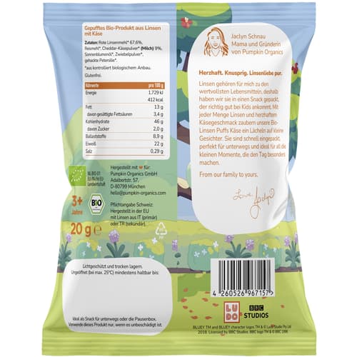 Pumpkin Organics Bluey Bio Linsen Puffs Käse