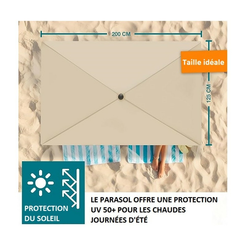 Parasol rectangulaire avec housse de protection réglable et inclinable 45° beige 125x200cm protection uv 50+