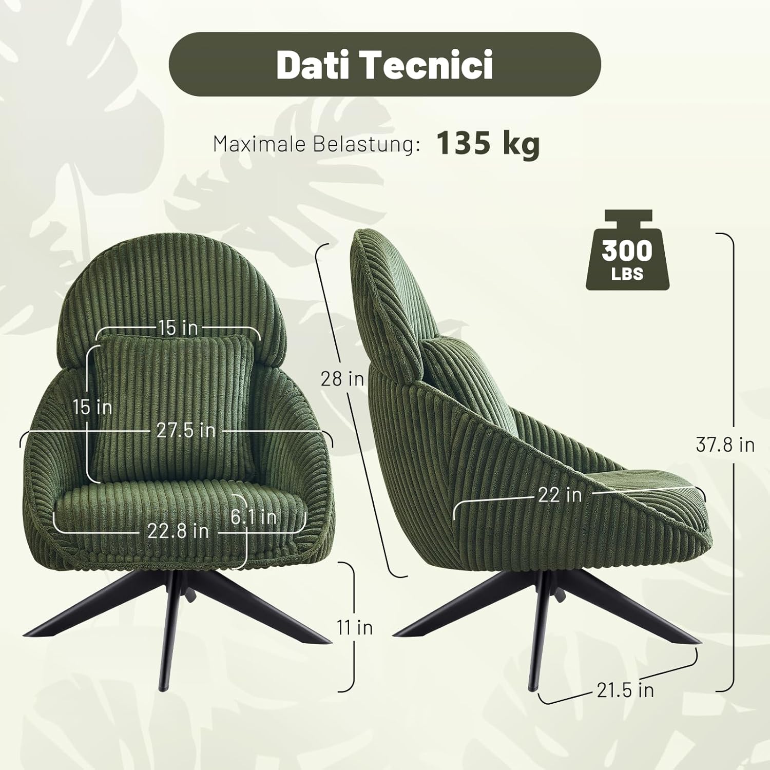 Loungesessel Sessel Wohnzimmer 360°Drehbar, Ohrensessel Armlehnstuhl Polsterstuhl mit dickem Abnehmbares Wurfkissen, Relaxsessel Lesesessel für Wohnzimmer Schlafzimmer Büro, Grün