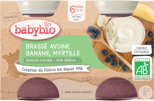 Babybio Brassé Avoine-Banane-Myrtilles Dessert Végétale Pour Bébés Dès 6 Mois Bio Pots 2x130g