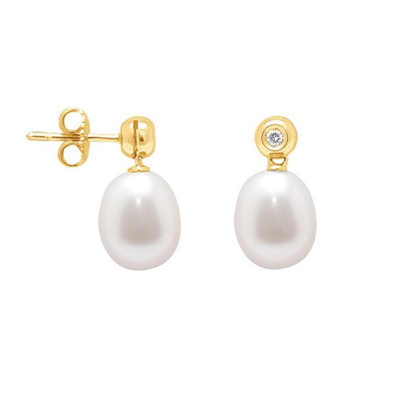 Boucles d'Oreilles Perles de Culture Blanches, Diamants et Or Jaune 750/1000
