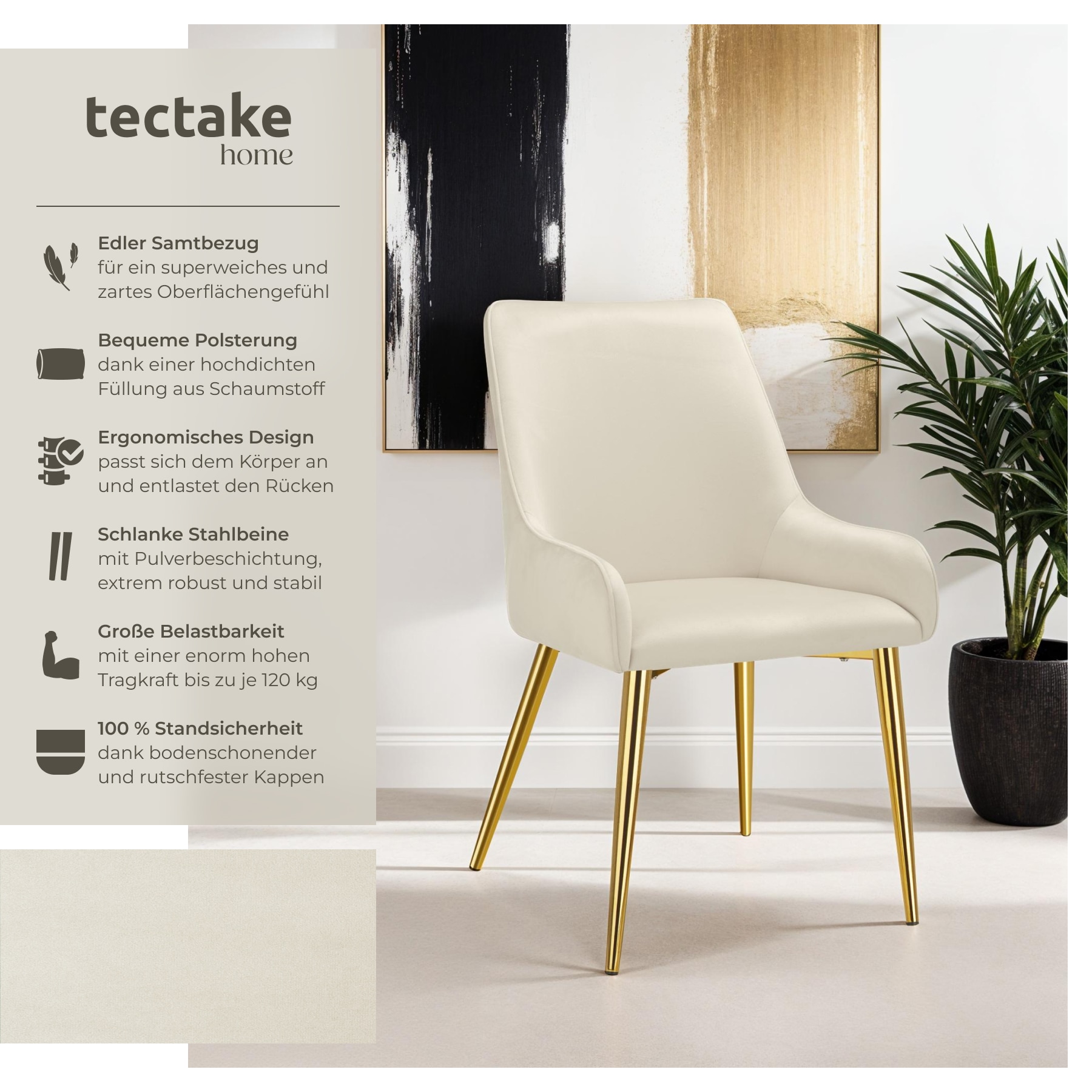 tectake® Polsterstuhl , in Samtoptik, gepolstert, schlanke, pulverbeschichtete Stahlbeine, 52 x 61 x 89 cm