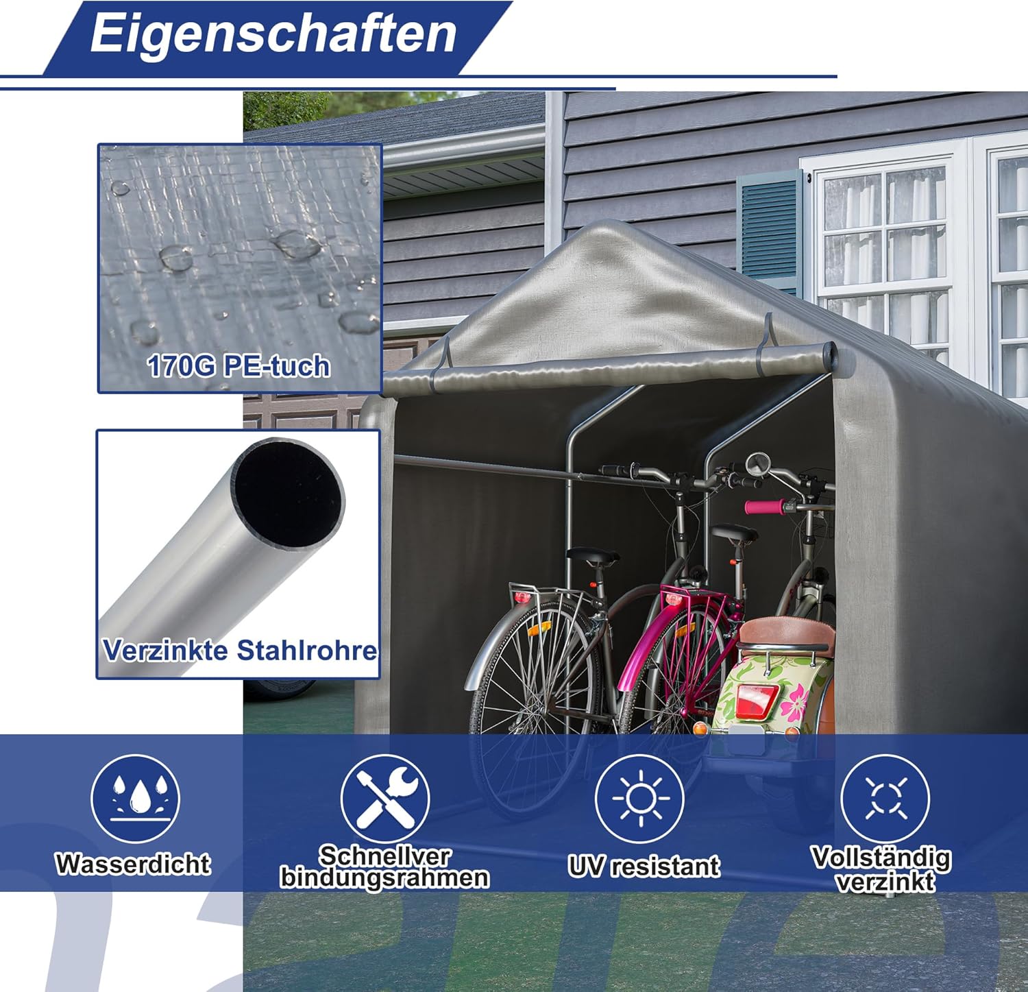 Fahrradgarage 160x220x165 cm, Fahrradgarage für 3 Fahrräder, Fahrradschuppen mit UV-Schutz Fahrradschuppen, Fahrradgarage Wetterfest, Gerätezelt mit Wasserdichtes Rolltor (160x220x165 cm)