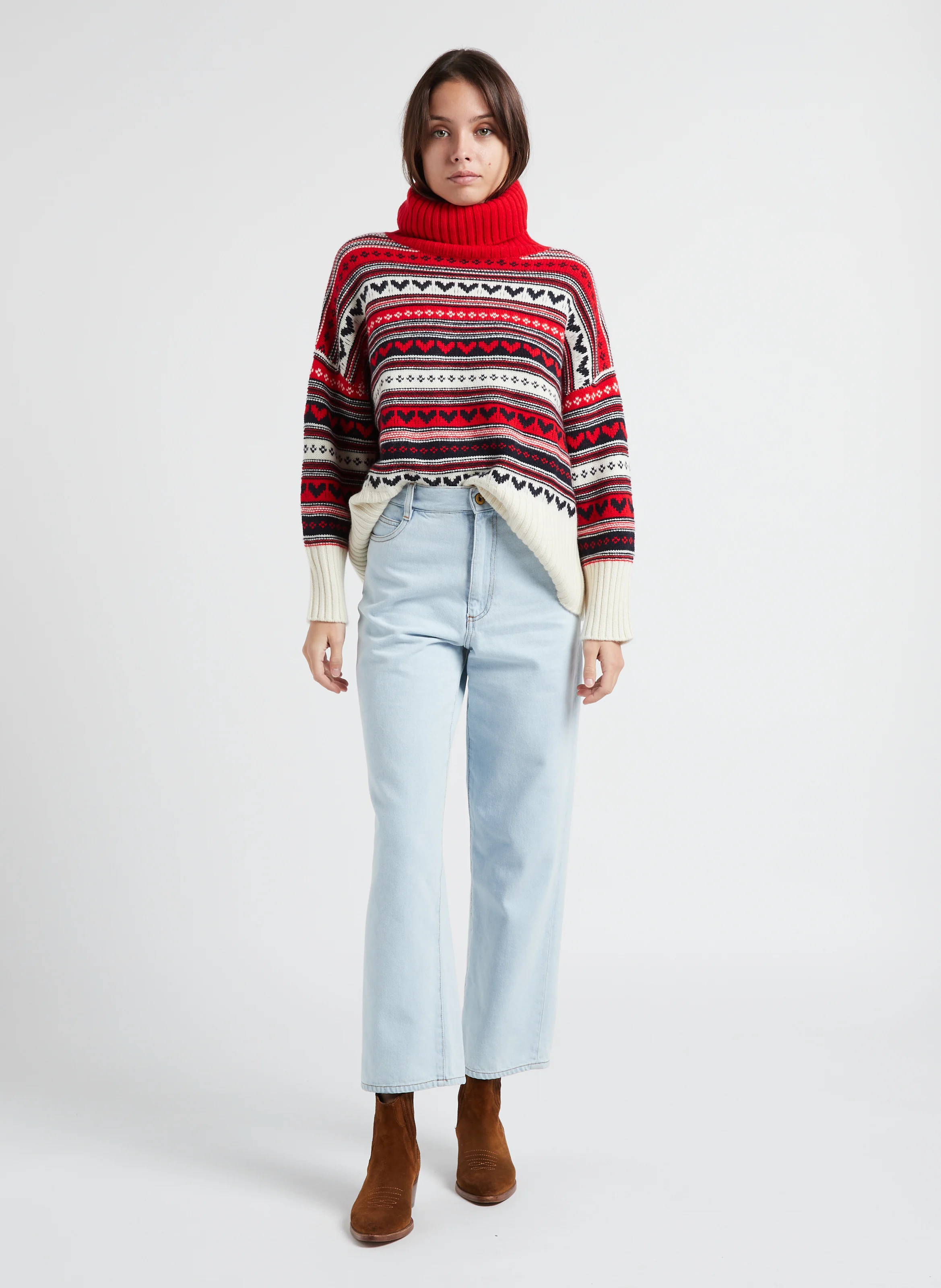 LOULOU - Pull col roulé imprimé en cachemire| Rouge