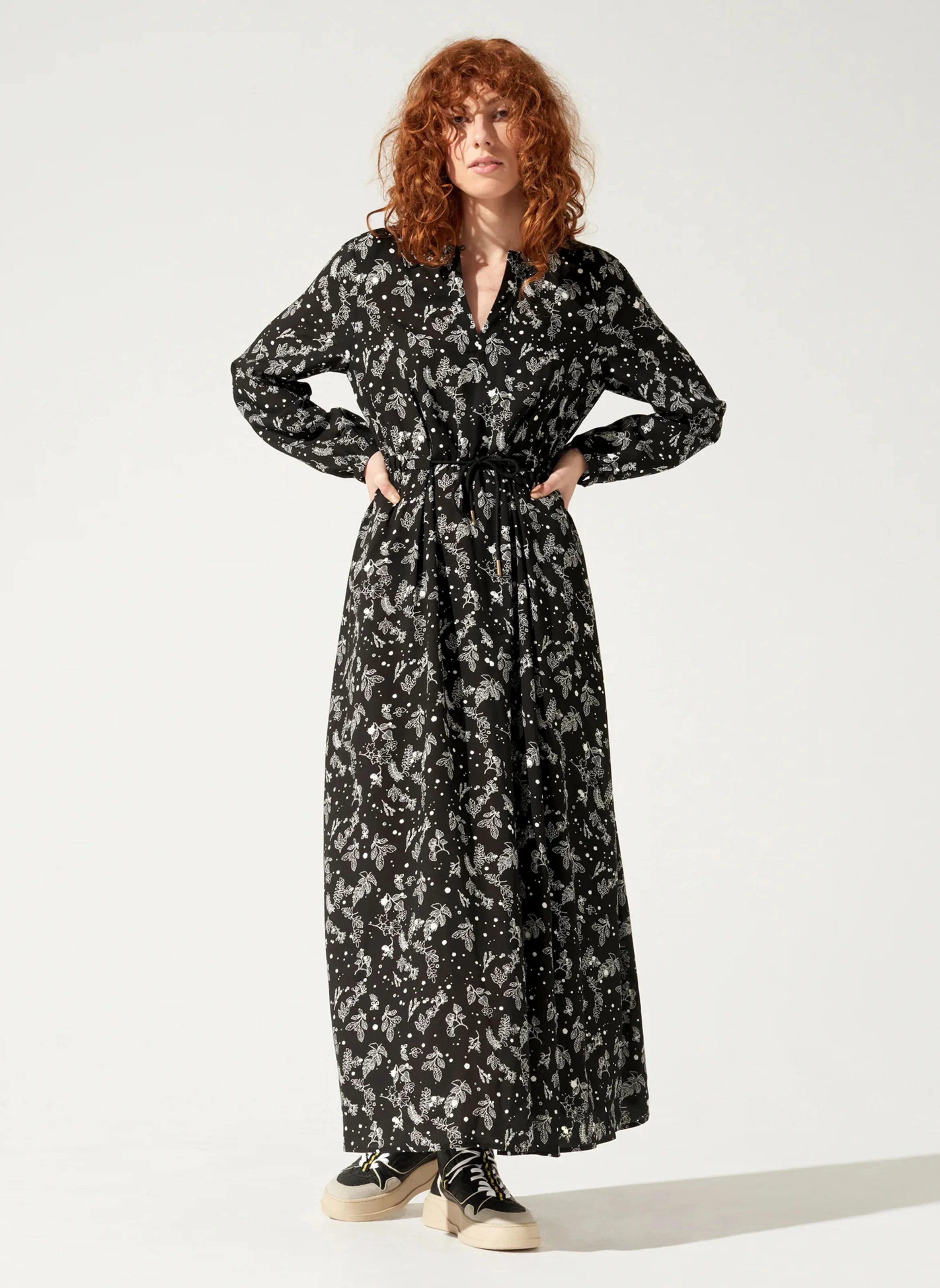 THELMA - Robe longue col rond imprimée | Noir