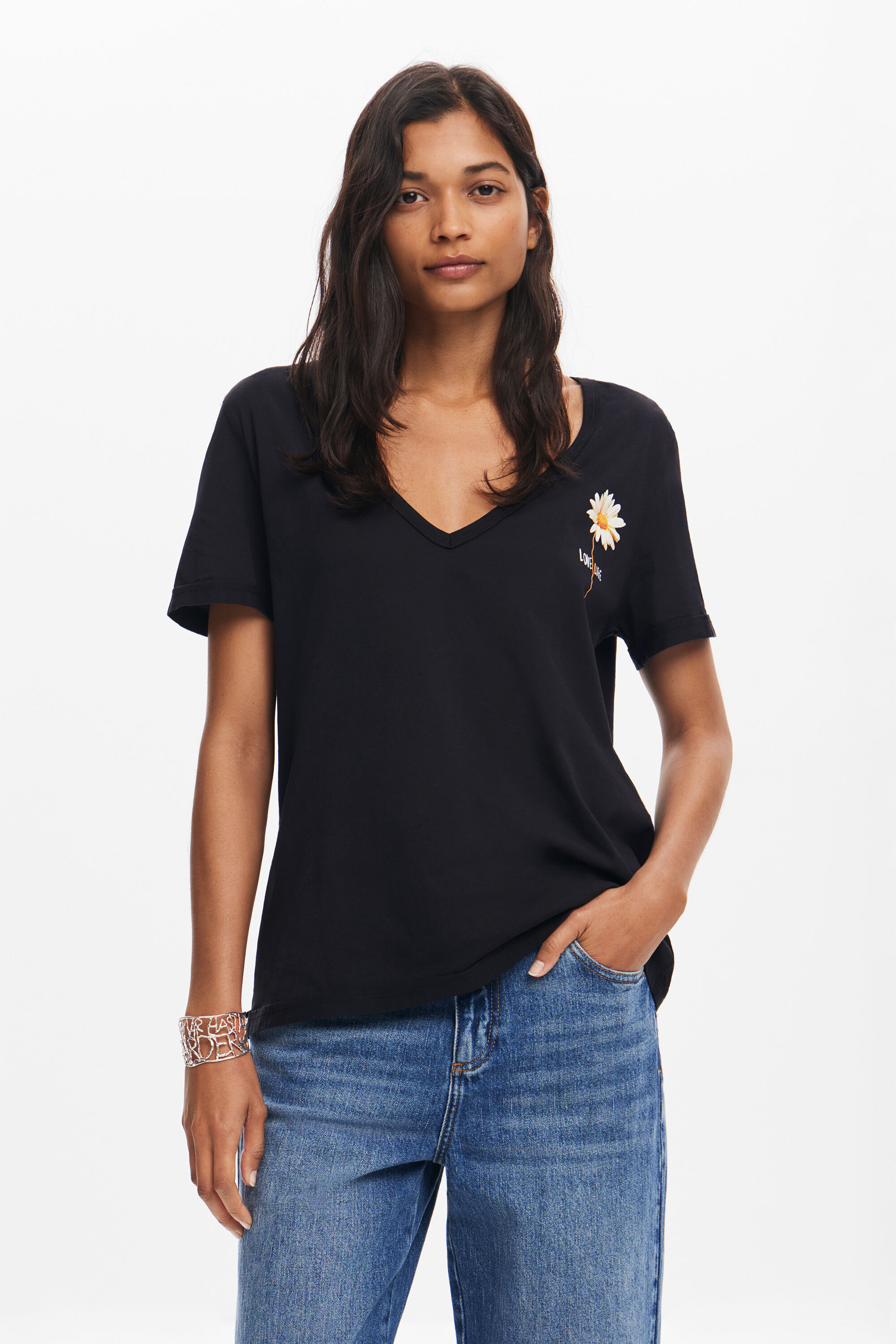 Blusa floral com decote em V