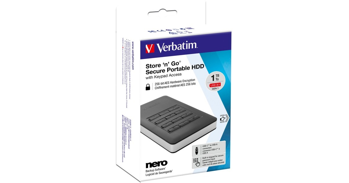 VerbatimStore 'n' Go met toetsbediening, 1 TB externe harde schijf  (Zwart/zilver, USB 3.1 Gen 1 / USB C)