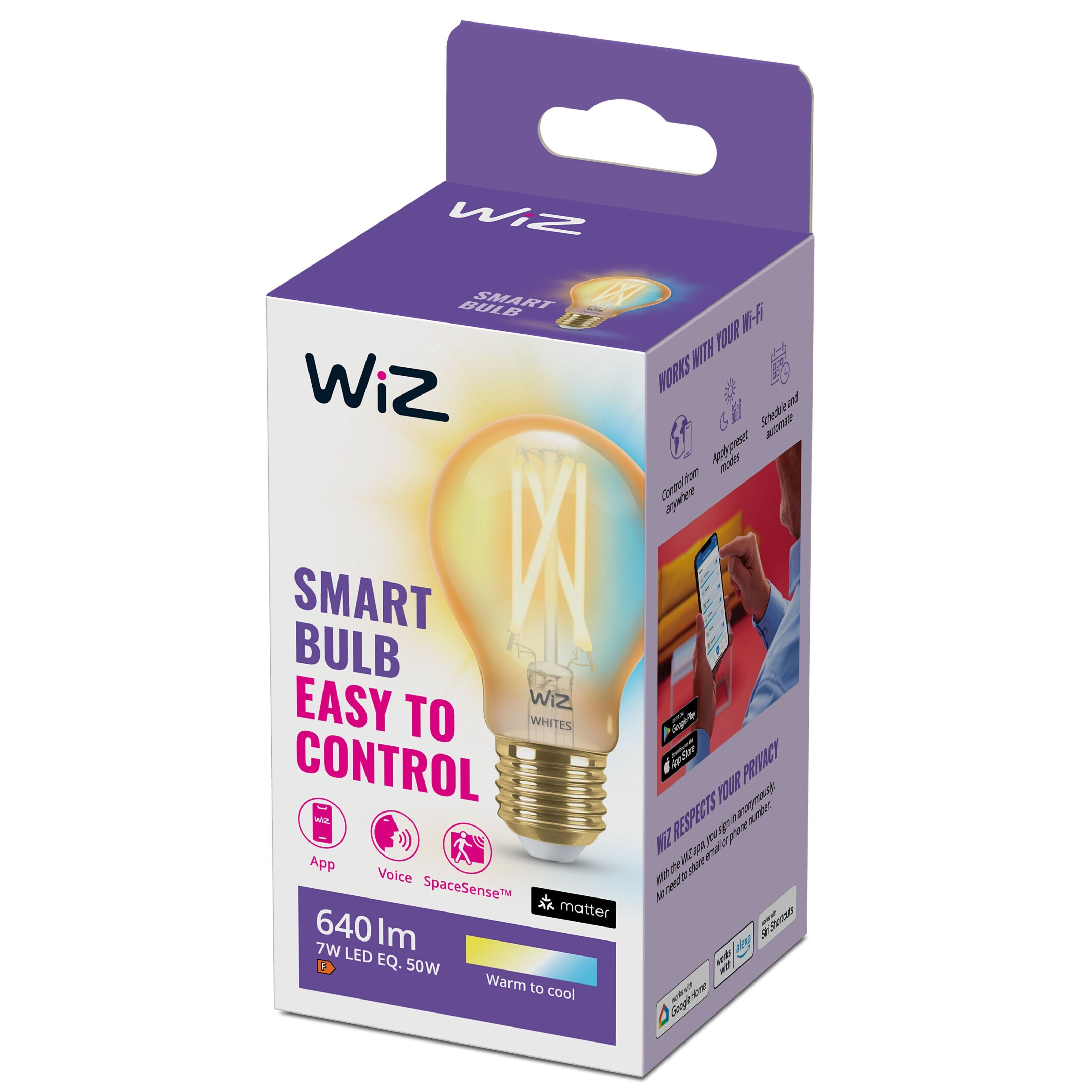 WiZ Amber Filament A60 Smart LED-pære E27 640 lm