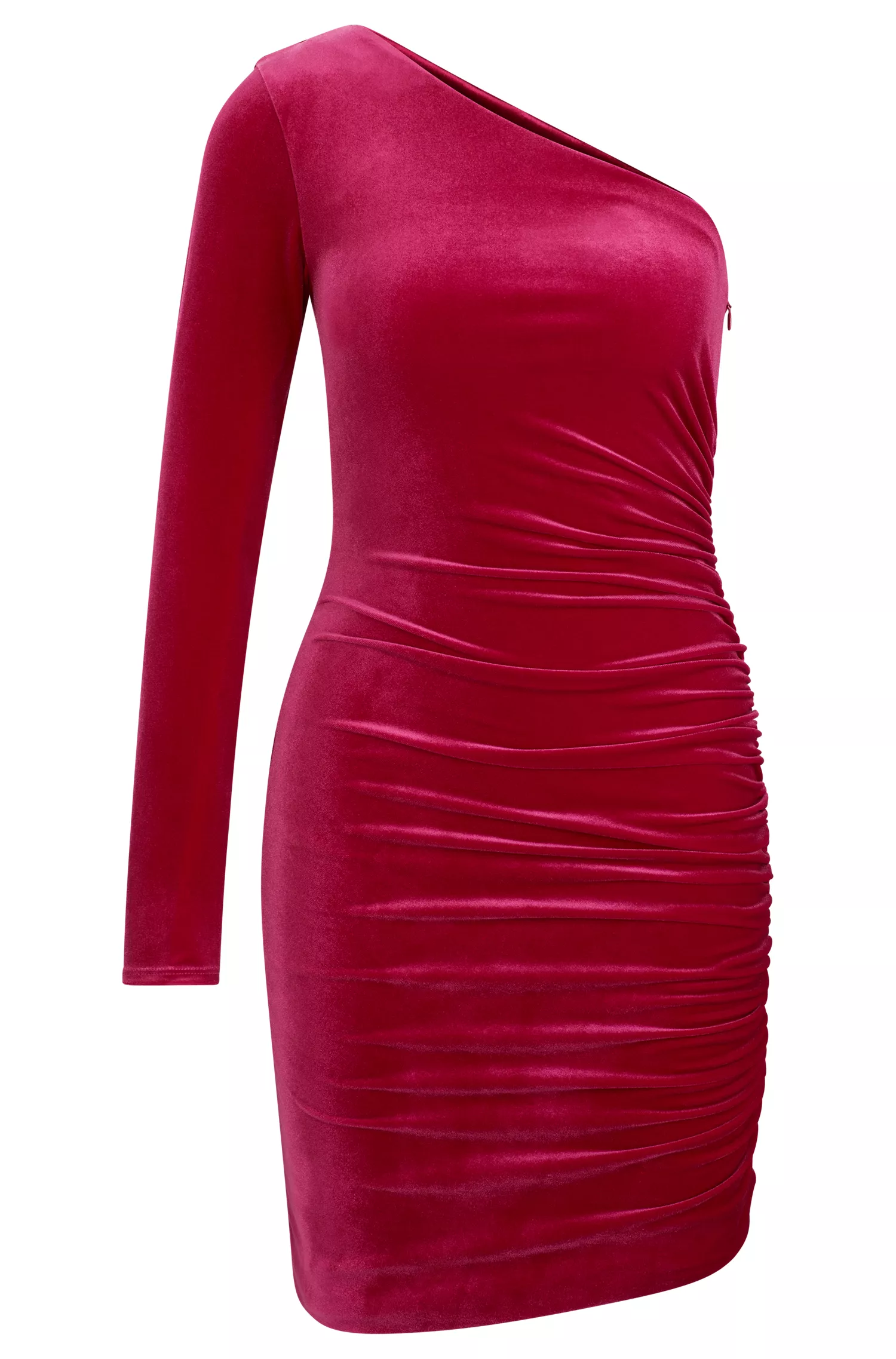Vestido HUGO vermelho de veludo com um ombro só e detalhes franzidos.