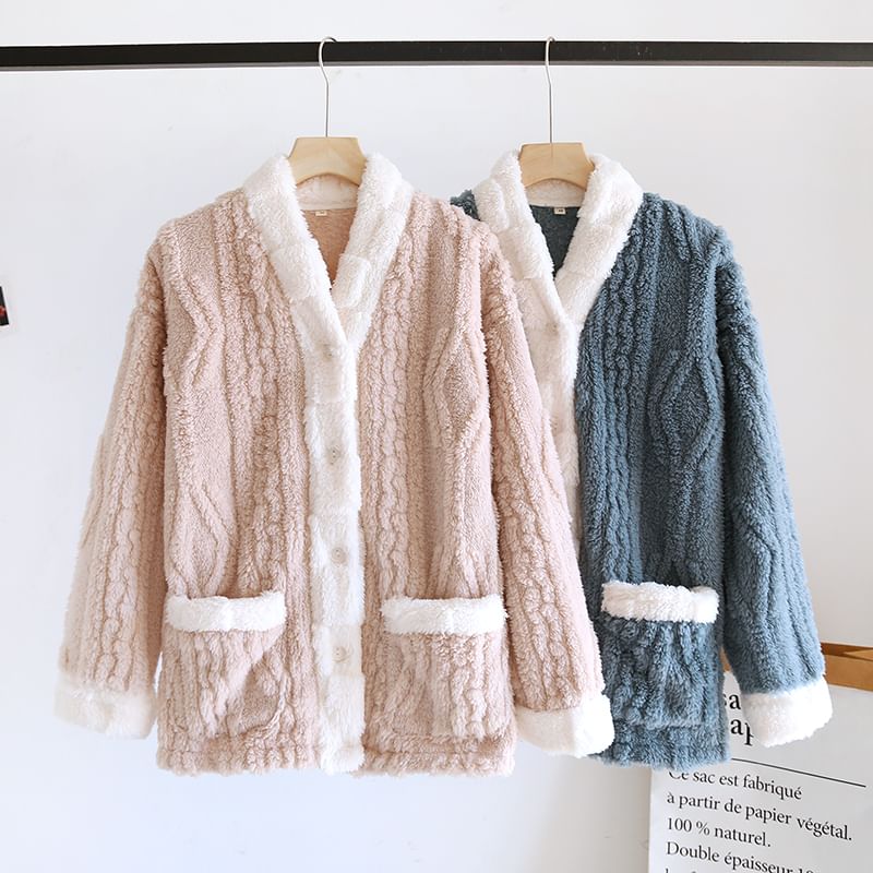 MelMount - Pyjamatop met lange mouwen, V-hals, contrasterende rand en koraalfleece, knoopjes