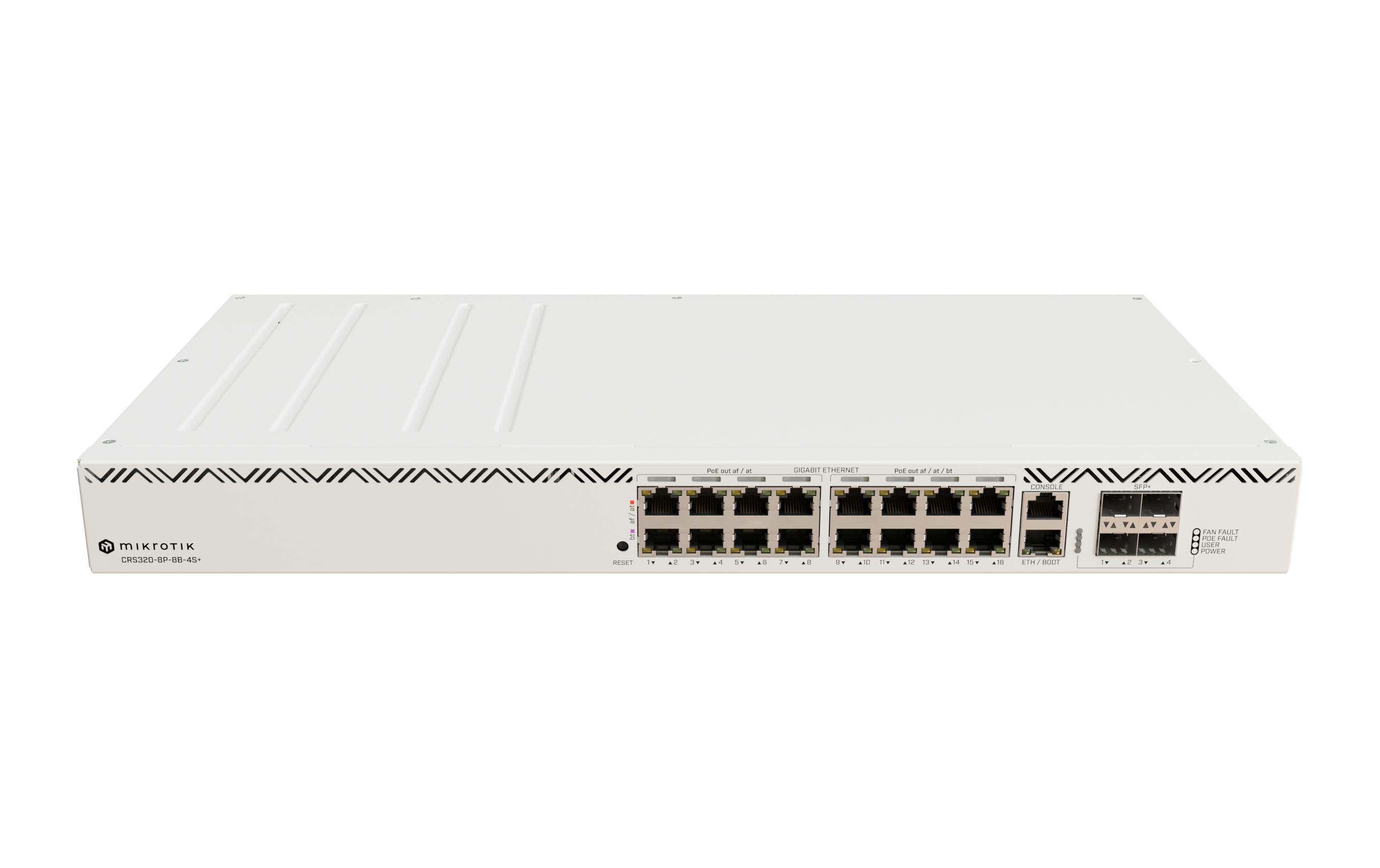 PoE++ Switch CRS320-8P-8B-4S+RM 21 Port<br>Der erste MikroTik PoE++ (802.3bt) Switch – für eine einfache und kostengünstige Stromversorgung von 4K Sicherheitskameras, Werbedisplays und industriellen Automatisierungssystemen