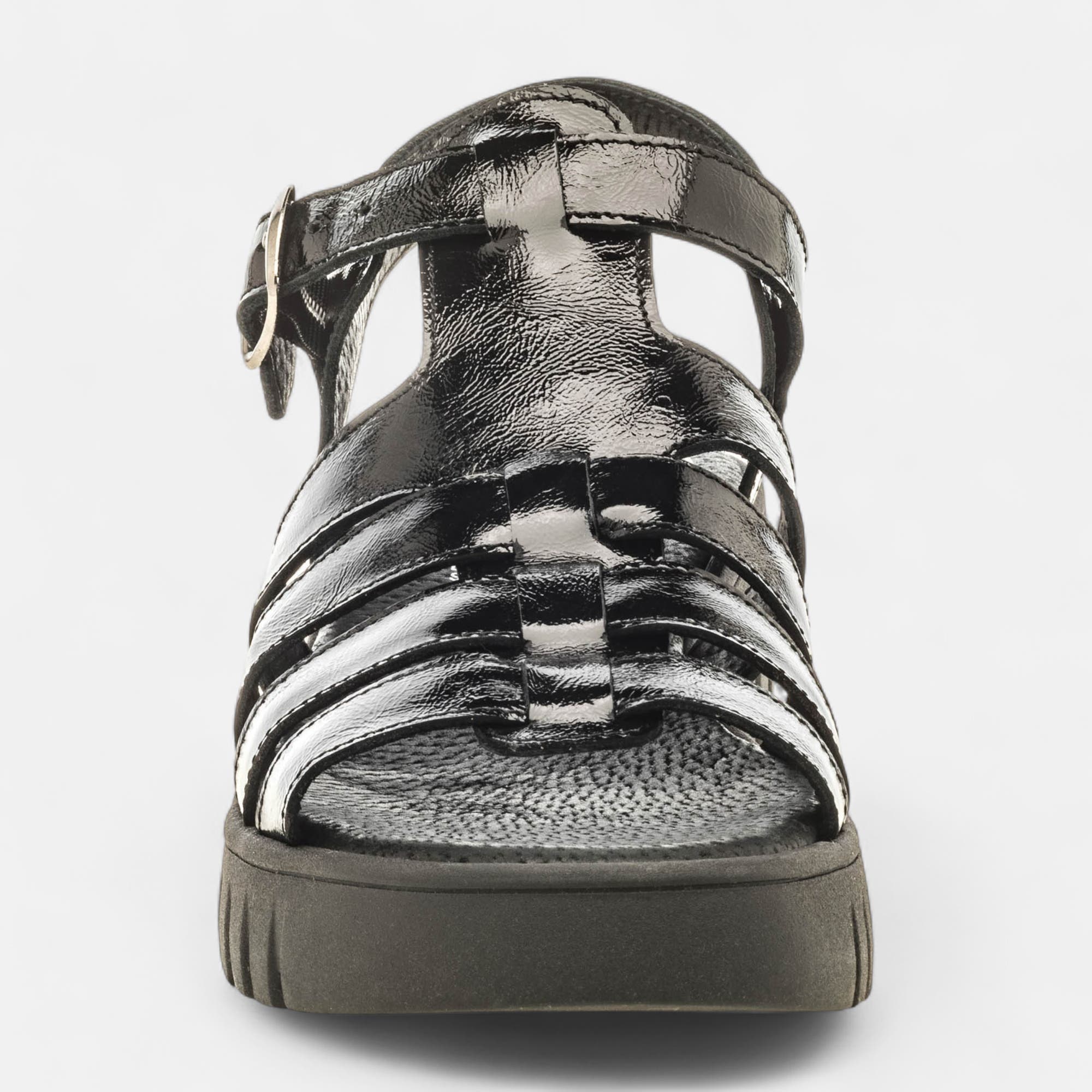 Sandales à talon compensé Femme en cuir noir vernis