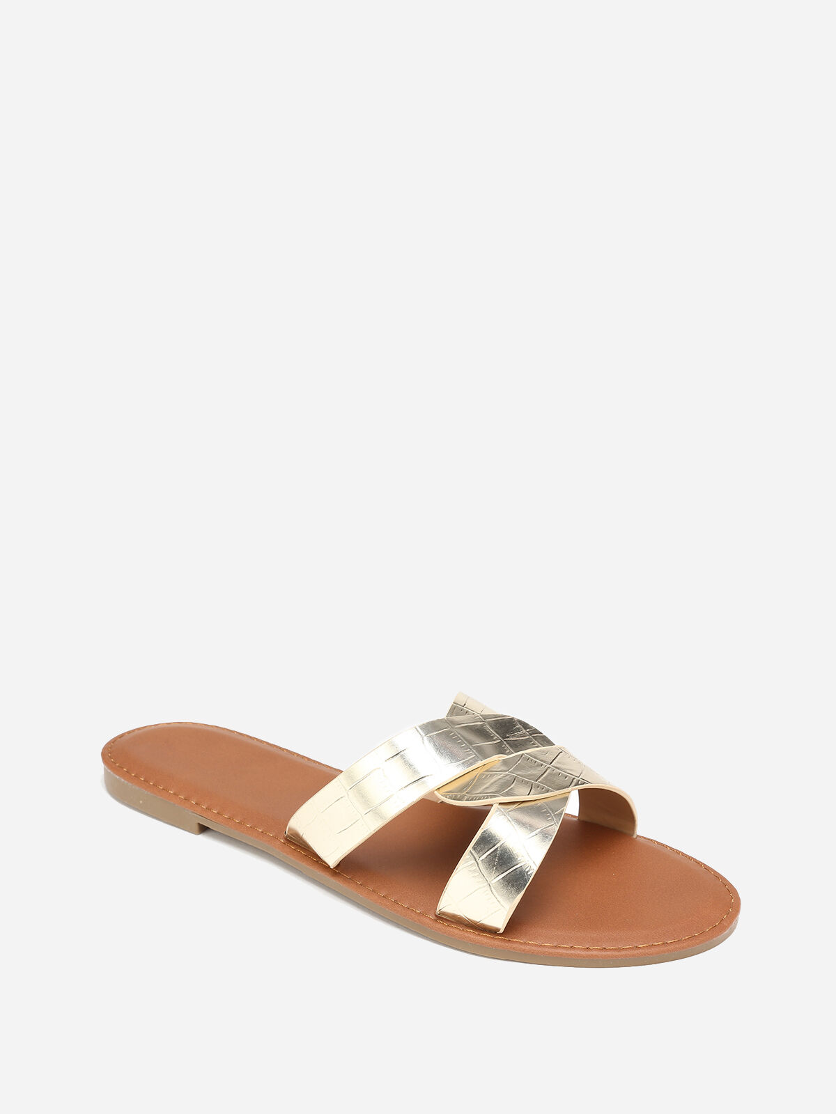 Mules croco à brides croisées grandes tailles- Doré