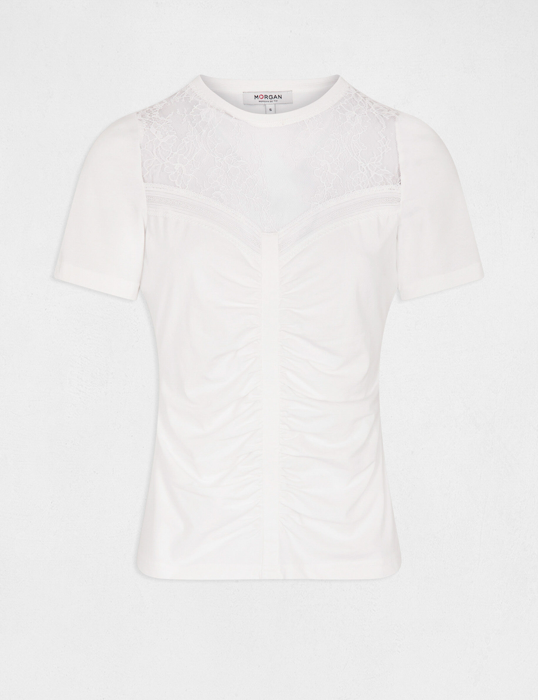 T-shirt manches courtes avec dentelle ecru femme - ecru