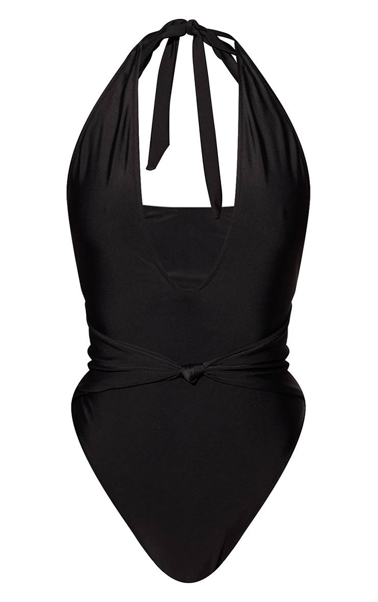 Noir Maillot De Bain À Rayures Avec Décolleté Plongeant Et Nœud Devant