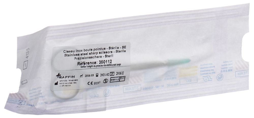 Raffin Präzisionsschere<br>1 Stück, 12cm, Edelstahl spitz/spitz steril mit Kompresse