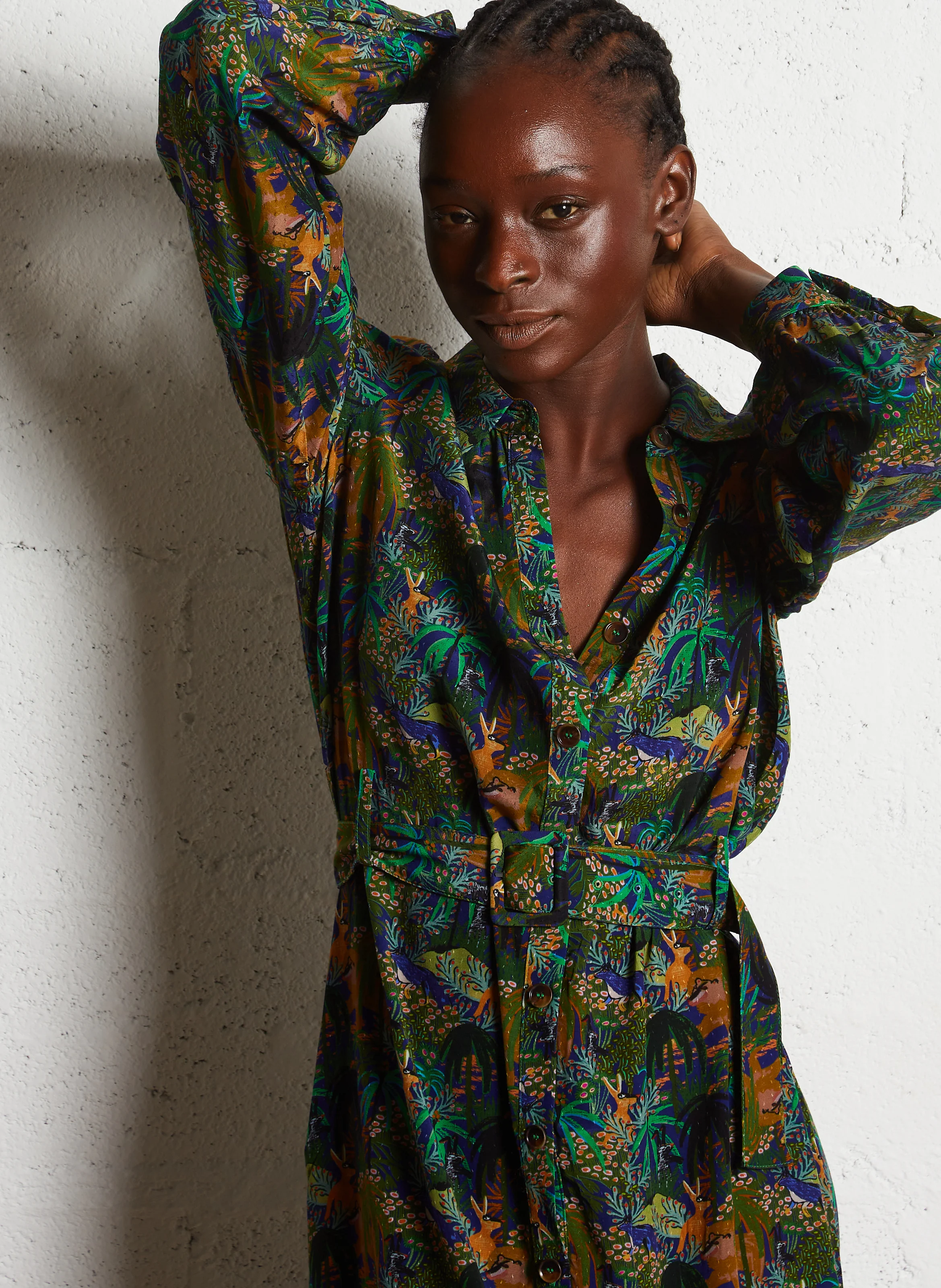 MILENA - Robe longue col classique imprimée | Multicolore