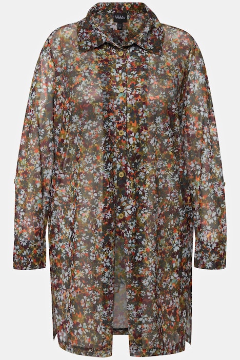 Mesh-Bluse, Millefleur, A-Linie, Hemdkragen, Langarm