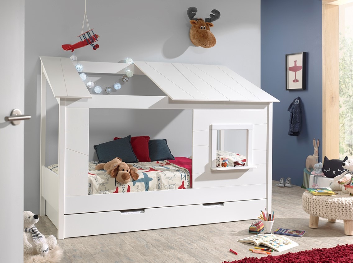 Baumhaus Bett 90 x 200 cm Liegefläche und Bettschublade offenes Dach Weiß lackiert