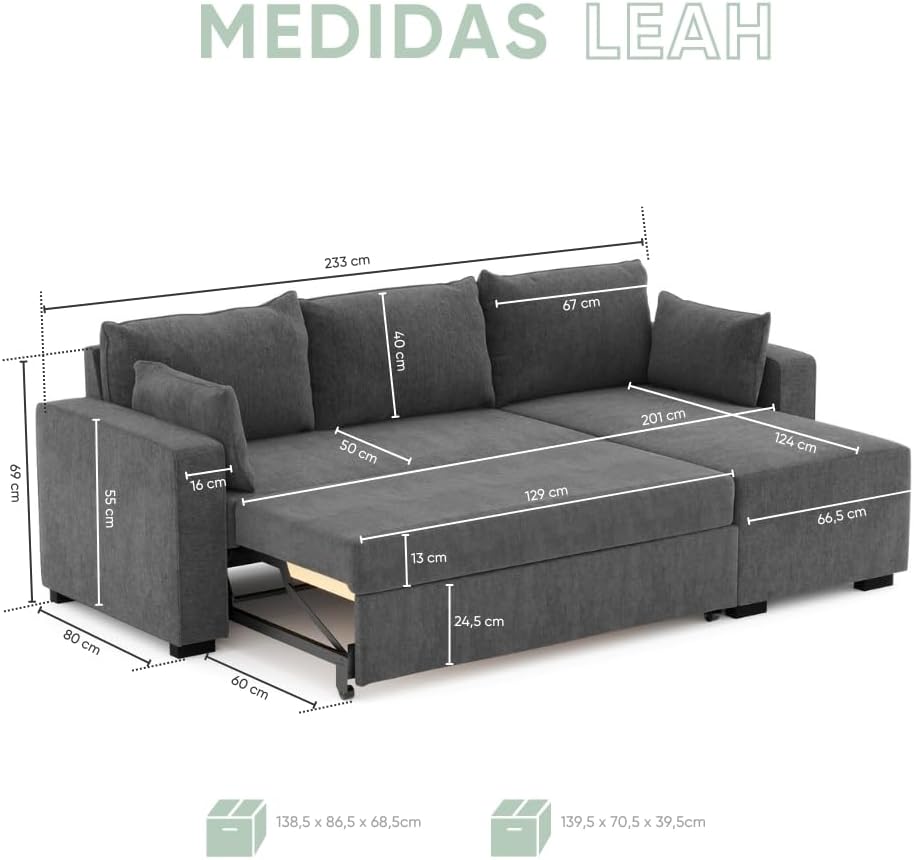 BUDWING Leah Eck-Schlafsofa 4-Sitzer – Reversible Chaise Longue & 2 Zierkissen – Polsterung aus Polyester – Modernes Design – 233x124x69 cm – Dunkelgrau