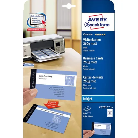 Avery Zweckform C32015-10 Premium Visitenkarten, 85 x 54 mm, beidseitig beschichtet, 80 Karten / 10 Bogen