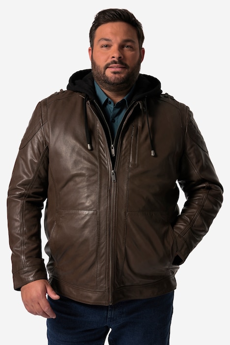 Men+ Lederjacke, Leder, Jersey-Kapuze, Zipper, bis 7 XL