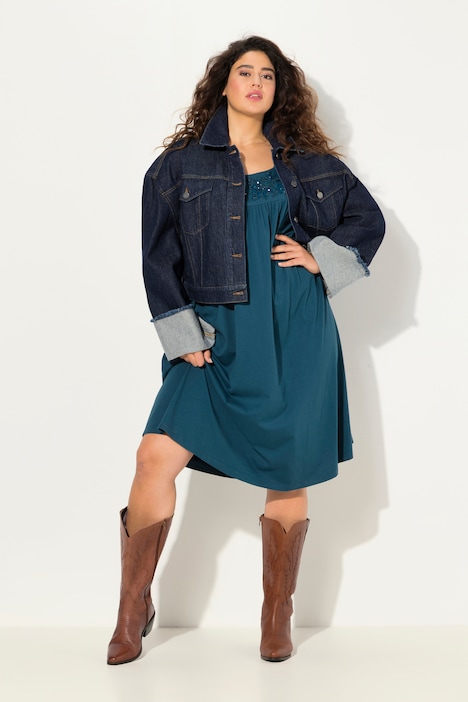 Tunika-Kleid, Ziersteine, Carree-Ausschnitt, Langarm