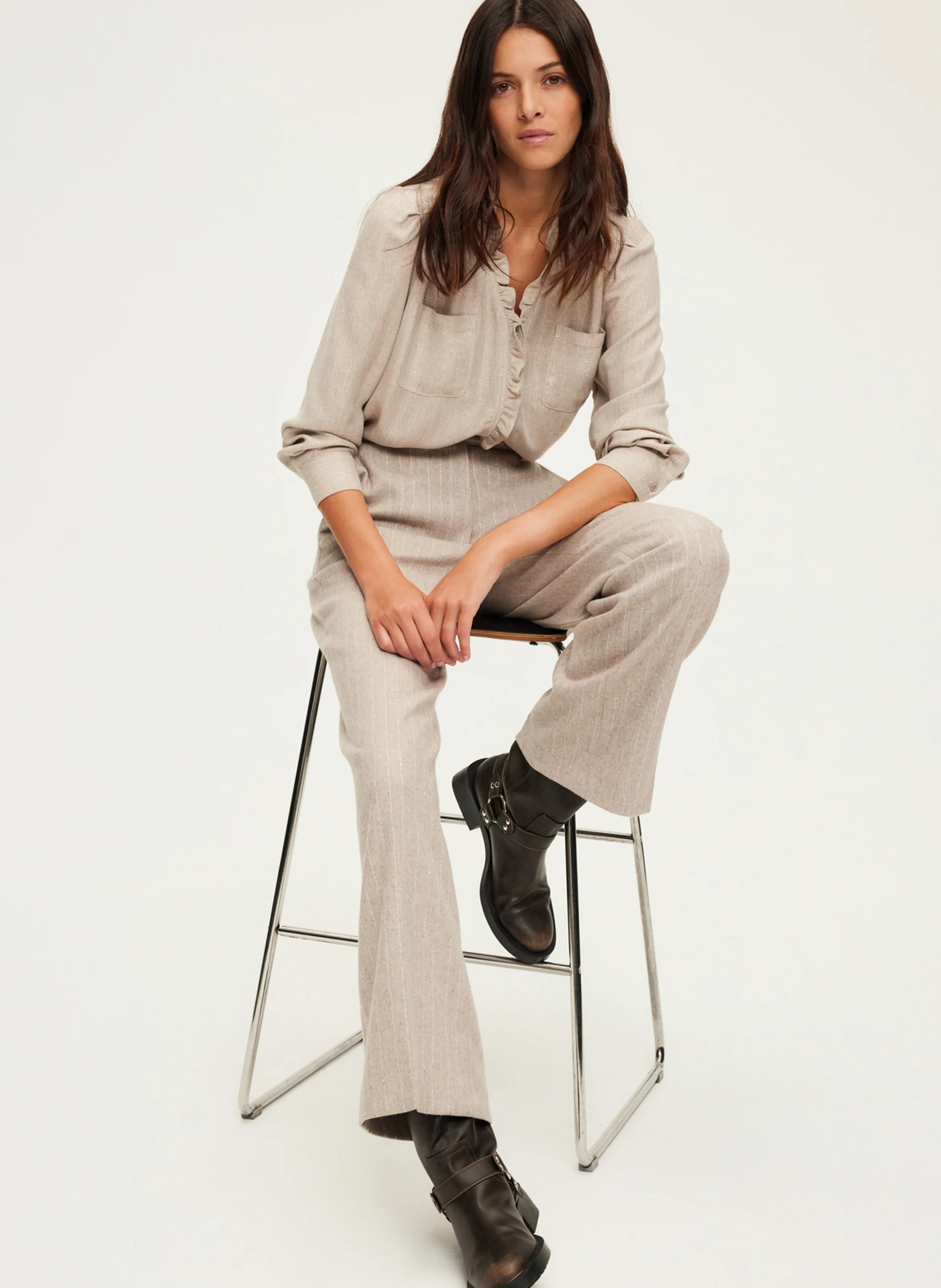 NAYLA - Pantalon large rayé en laine mélangée | Beige