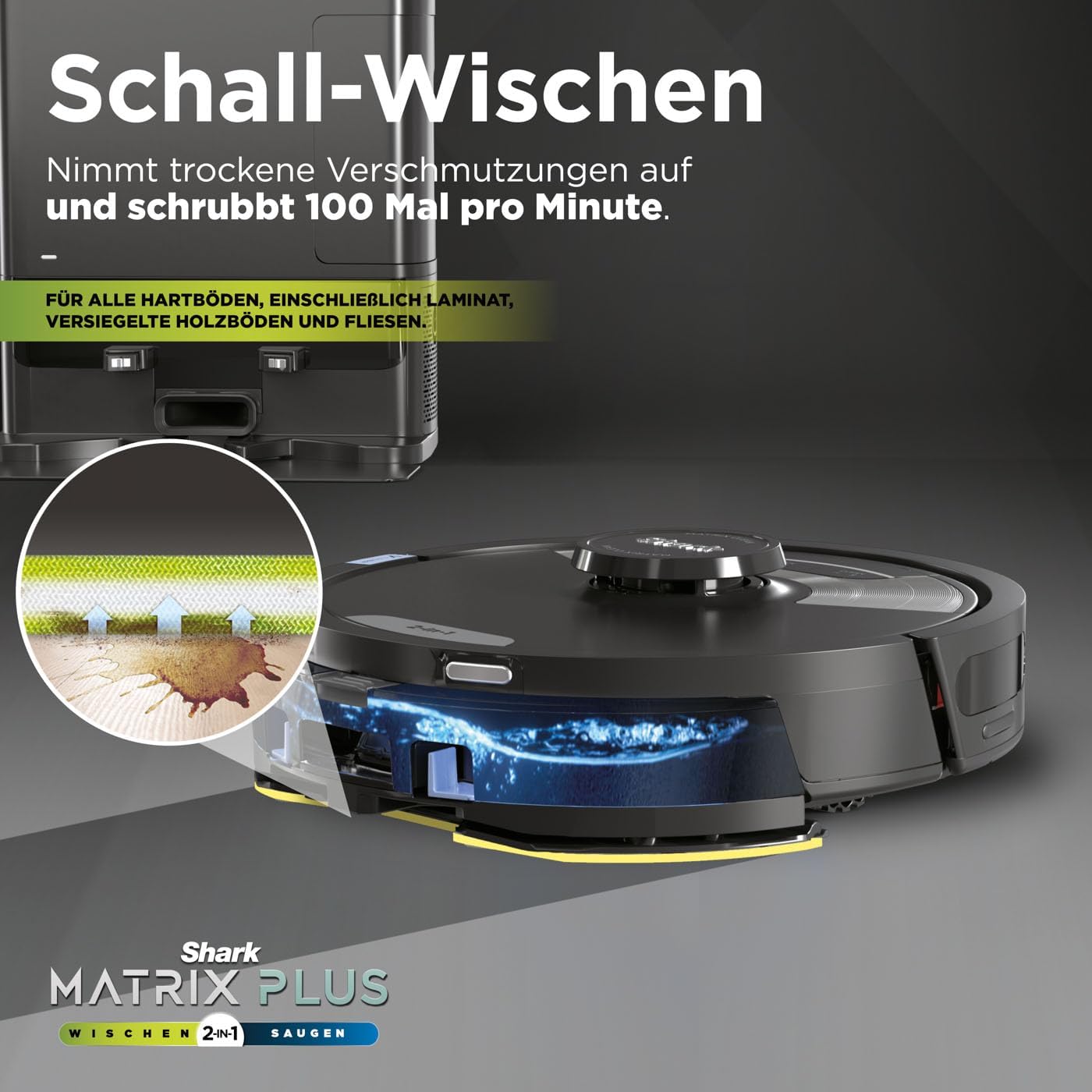 Shark Matrix Plus 2-in-1 Saugroboter mit Wischfunktion und Absaugstation, Selbstreinigend, Selbstentleerend, für Tierhaare, Teppich und Hartböden, 14,5 cm flach, schwarz